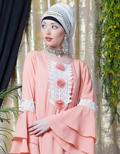 Dubai Bell Sleeve flowers around knee party Abaya Peach